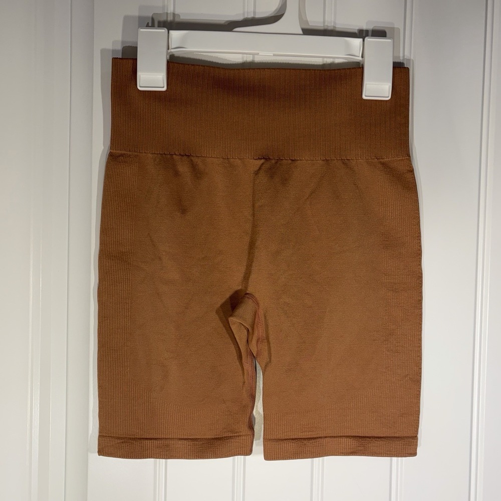 Mono B Biker Shorts Small Brown Ribbed High Waist Athletic Gym Yoga Shorts